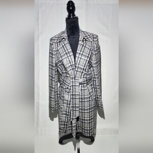 SOLITAIRE TRENCH COAT GLEN GREY BLACK PLAID SLASH POCKET OPEN FRONT. Sz: L